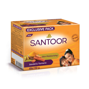 Santoor Skin Moisturizing Sandal & Turmeric Bathing Soap with Nourishing & Anti-Aging Properties| For Soft & Smooth and Younger-Looking Skin| For All Skin Types| Pack of 4, 150g